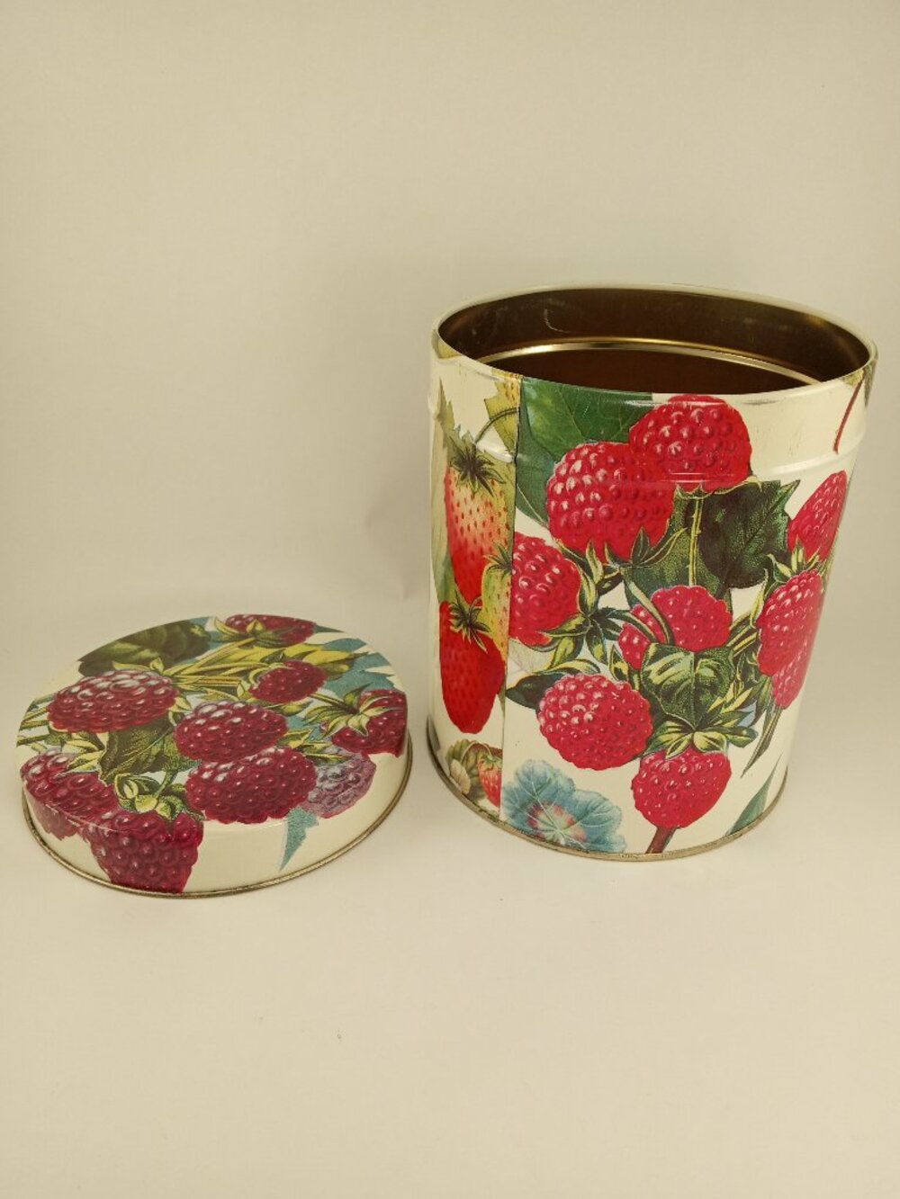Vintage Department 56 Berries Tin 6" tall, round canister, raspberry blackberry